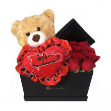 Box San Valentín 6 Rosas, Bombones y Peluche Oso Corazón